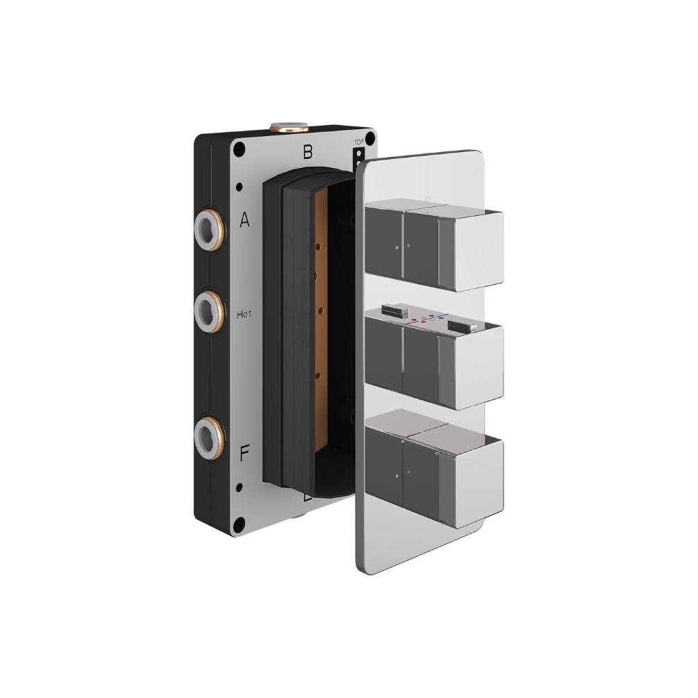 Product Cut out image of the Abacus Square Chrome 3 Outlet 3 Handle Thermostatic Shower Valve